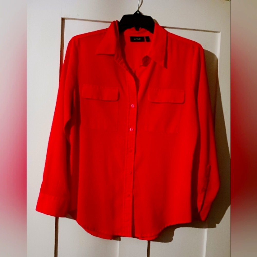 Long-sleeved button down blouse.